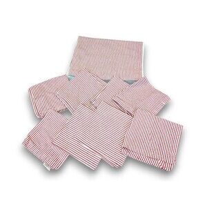 Pottery Barn Red White Striped 108" Table Runner + 8 Napkins Set Linen Cotton